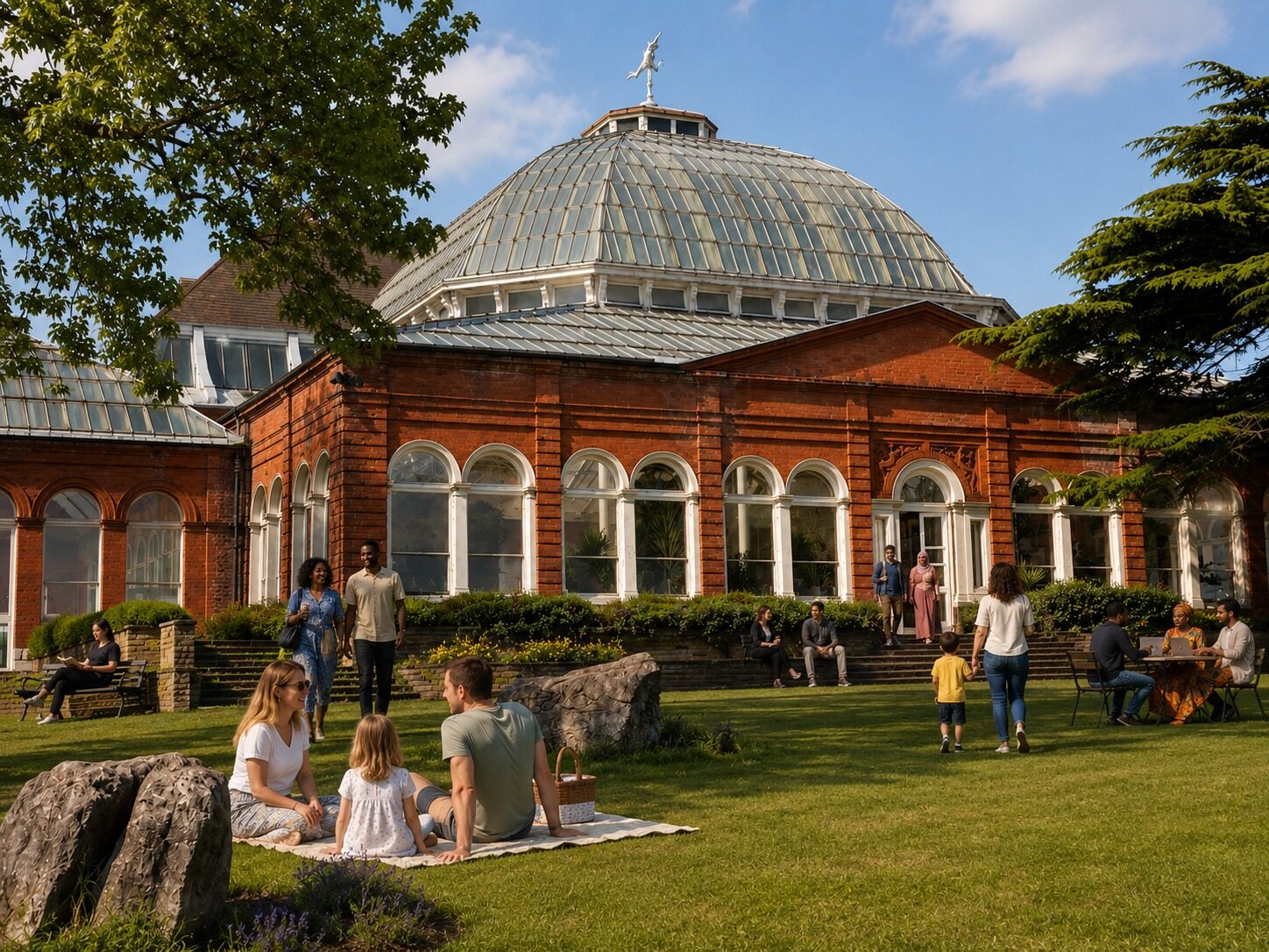 People on the lawn in front of the Winter Garden